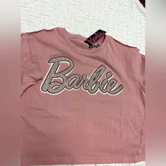NWT 💖🌸 BARBIE rhinestones pink cropped top shirt - Picture 14 of 14